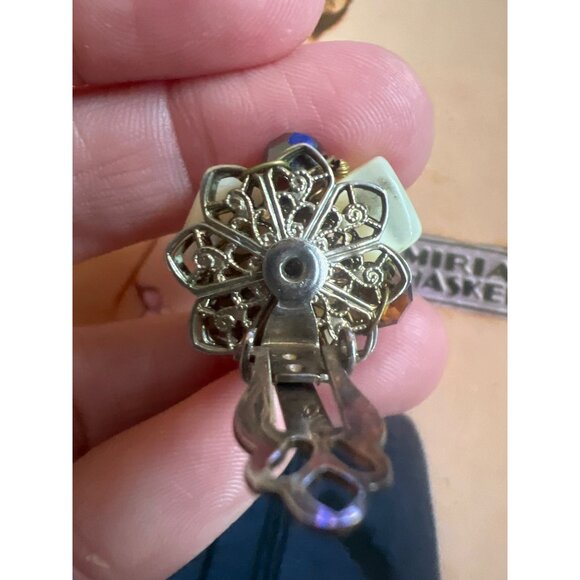 Vintage Clip-on Earrings AB MOP Haskell Era Filagree Back Smoky Quartz Look - Picture 12 of 16